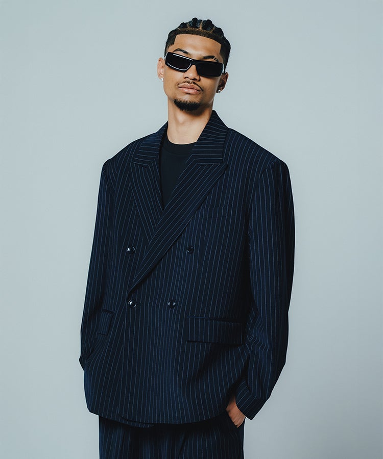 美品　エンフォルド　ウール、ポリエステル　BOX ワイド　ジャケット　ストライプ OVERSIZE DOUBLE JACKET / ネイビーストライプ [BR26SS-O0005]
